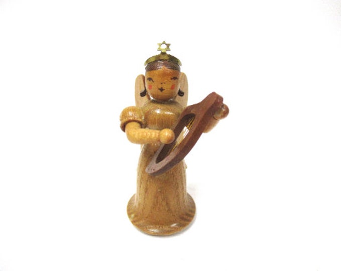 Vintage Erzgebirge Mini Wood Angel Playing Harp, PLUS 4 More Angels for