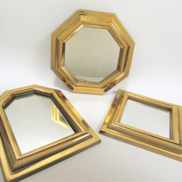 Vintage Burwood SHINY Gold Mirror Trio, 1987 Geometric, Square, Octagon Resin Set, Homco # 2808  Hollywood Regency, 5.25" to 7" tall