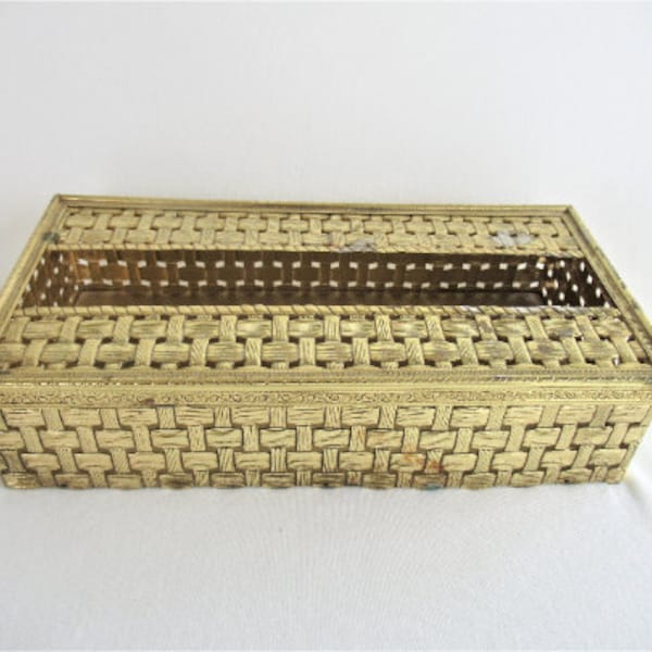 Vintage Stylebuilt Tissue Holder, 2pc Lidded Gold Tone Ormolu Metal Box in Basket Weave Pattern, Hollywood Regency Bathroom, 10"x5"x2.5"