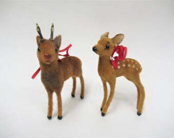 2 Vintage Wagner Flocked Deer Ornaments; Buck & Doe Mini Figurines, West Germany Handmade Hanging Miniatures, 1 w/Original Sticker, 3" tall