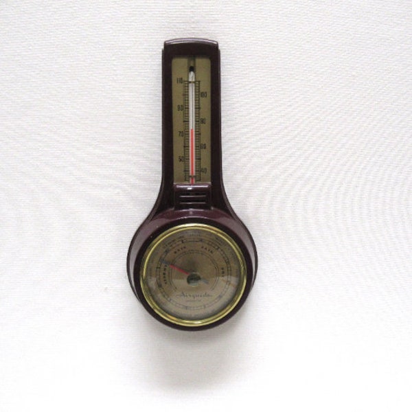 Vintage Airguide Weather Station in Bakelite & Metal Case, Mid Century SMALL Air Guide Barometer Thermometer Instrument, Chicago IL USA, 8"