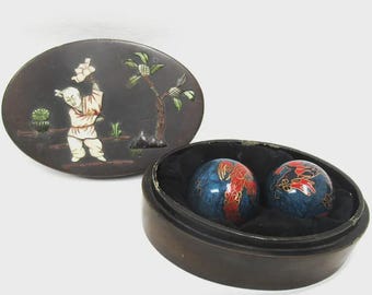 Vintage Set Chinese Exercise Balls in Antique Chinese Paper Mache Lacquer Box, Mysterious Chiming Meditation Baoding Balls, Blue Red 44mm