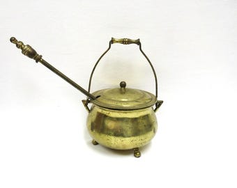 Vintage Brass Fire Pot, 3 pc Smudge Fireplace Cauldron, Mid Century Fire Starter, Hanging Lidded Pot with Long Pumice Stick, 5" tall