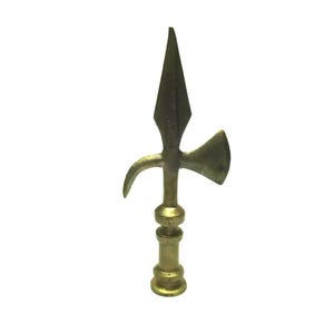 May include: A brass-colored spearhead with a central blade, a curved hook, and an axe-like projection. The spearhead has a decorative, tiered base. The design suggests a historical or medieval theme.