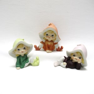 Vintage Homco Trio of Pixies, 1970s Home Interiors Porcelain Elf, 5213 Taiwan Figurines  Fairy Garden, Pixie Girls, 3&quot; tall