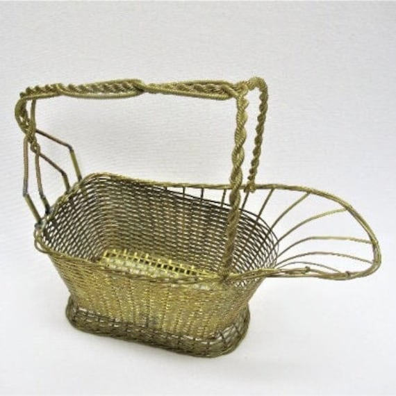 Vintage Woven BRASS Wine Bottle Basket, Twisted M… - image 1