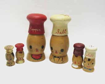 Lot of Vintage Wood Chef or Cat Salt Pepper Set, 1950s Hand Painted Japan Wooden Salty and Peppy Shakers 2"-5"...VERY Chippy, price for all