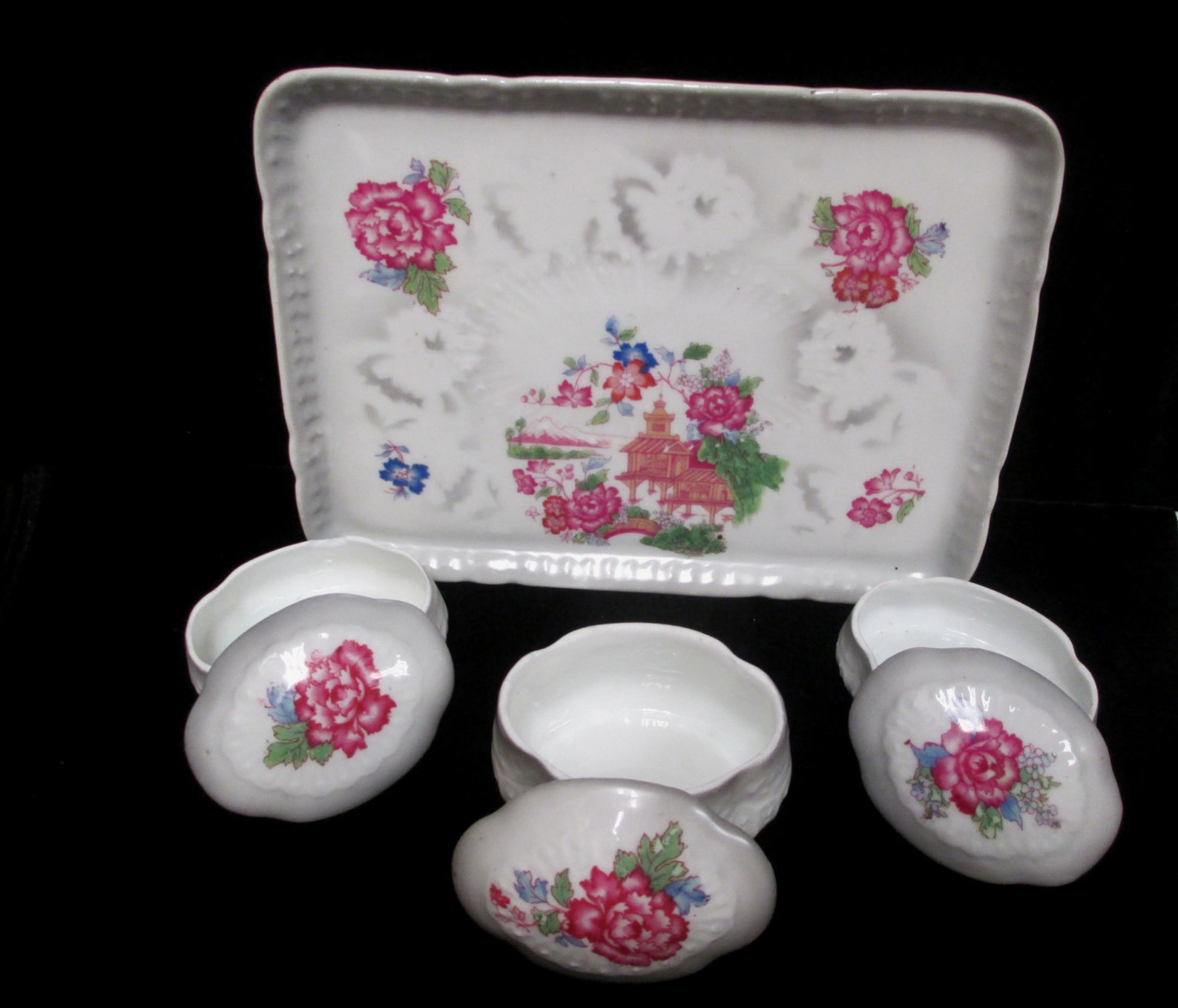 Vintage Porcelain Vanity Set Tray With 3 Trinket or Jewelry Etsy