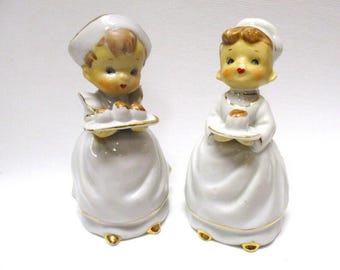 Vintage Napco Chef & Nurse Bells, 1950s Japan Ceramic Figural Bell Figurines, Napcoware White w/Gold Metallic Accents 4" tall...both 1 price