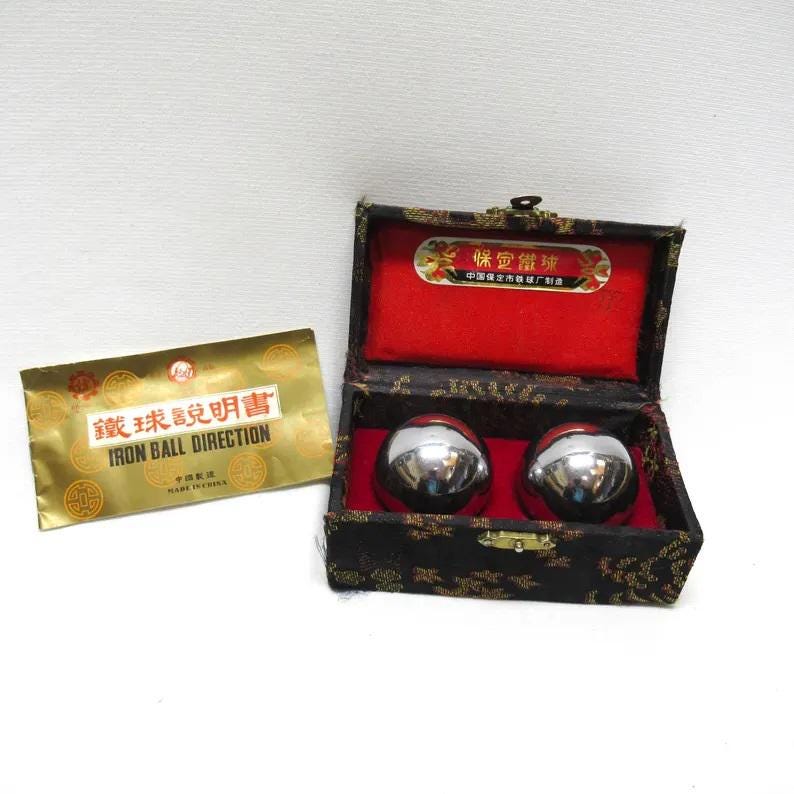 Vintage Chinese Health Exercise Ball Set in Silk Brocade Box, 1985