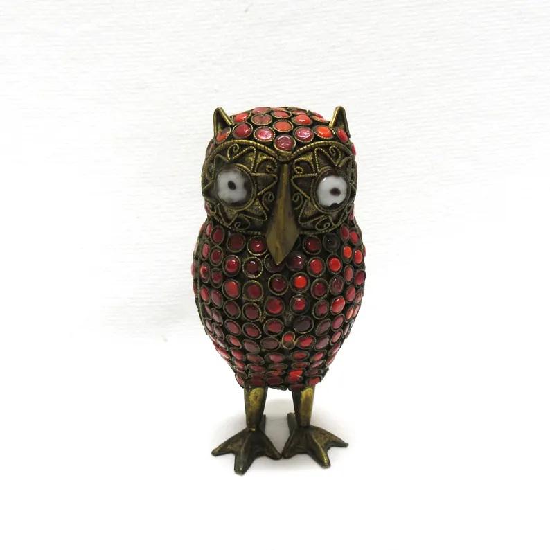Vintage Bejeweled Brass Owl Figurine, Hand Applied Red, Coral, (Faux)Turquois & White Glass or B