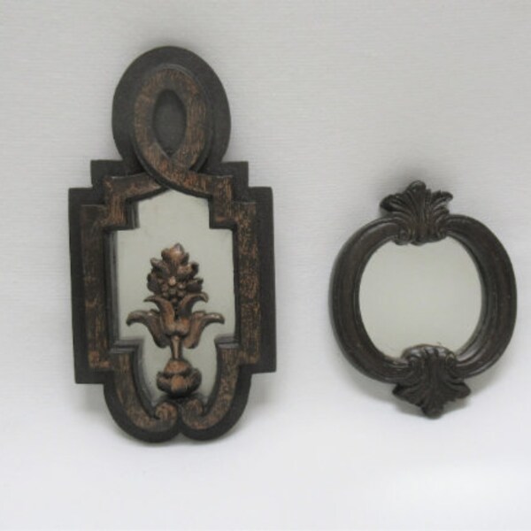 2 Vintage SMALL Mirrors, 1990s Resin Set by Crowning Touch, made USA & Taiwan, WEIRD Shapes Perfect for Mirrored Wall Display, 6.5" - 4.25"