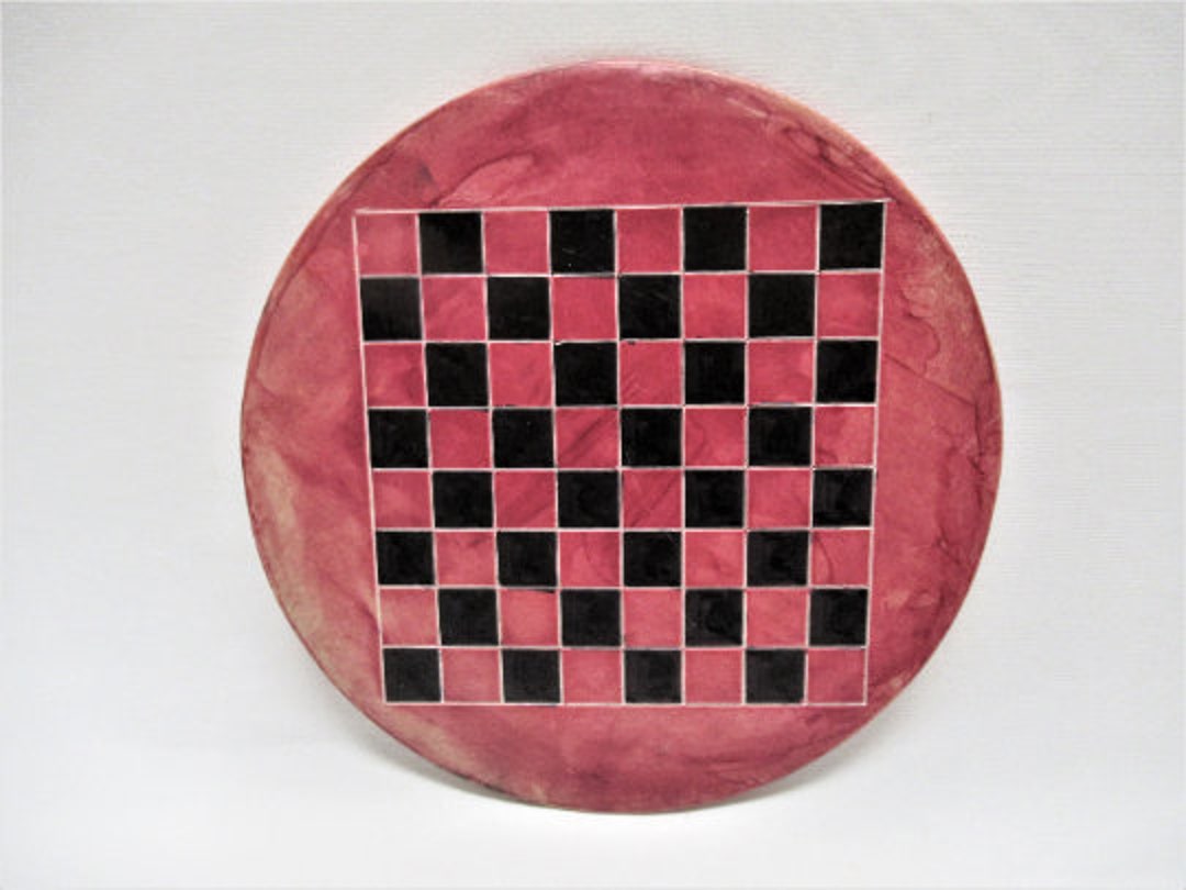Vintage SMALL Red Round Stone Checker Board, Lightly Carved Painted ...