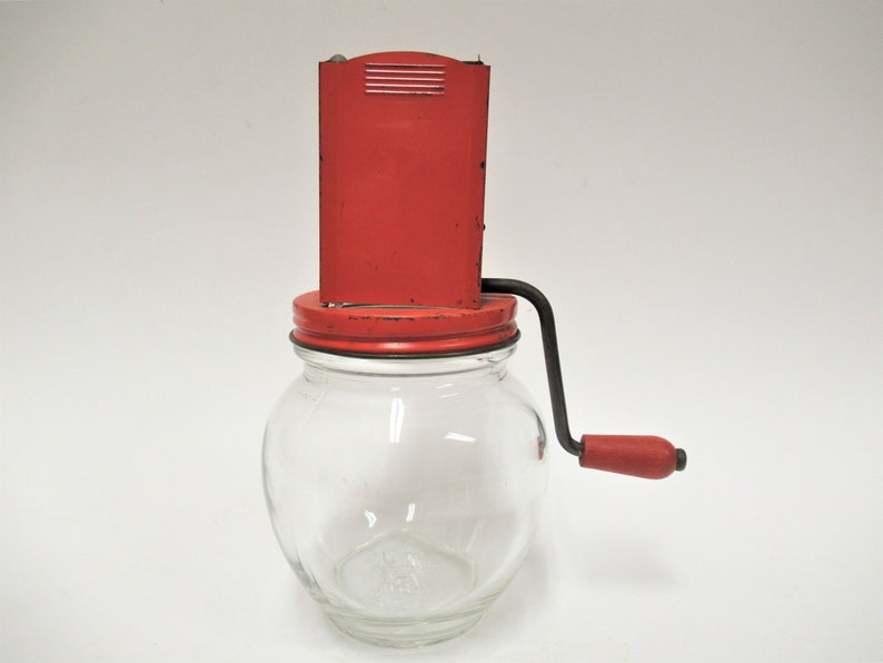 1950s Gadget Grinder with Wooden Knob Handle Red Tin Top Hazel Atlas Glass Nut Chopper # 5935 Vintage Orange