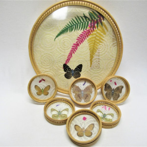 Vintage Bamboo Butterfly Tray with Coasters, 1970s Rattan Drink Serving Tray with Ferns & Butterflies, Retro Tropical Barware, 11" diameter