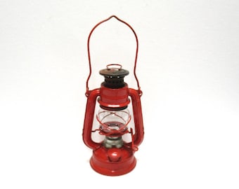 Vintage Red Winged Wheel Lantern #350, Small Hanging Barn Lamp, Made Japan Kerosene Light, Small Railroad Cabin Farmhouse, 8" tall