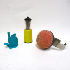 LOT of Vintage Sewing Gadgets; "High Mount" Wrist Pincushion, Push-Up Pin Dispenser & Needle Threader, all 1 price