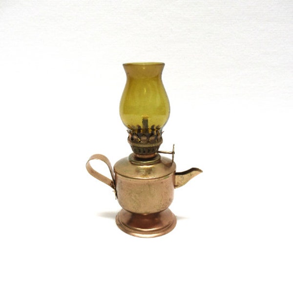 Vintage MINI  Teapot Oil Lamp w/Finger Hold & Gold Glass Chimney, Miniature Copper-Tone Lantern, Tiny Tea Kettle Shaped Lamp...4.5” tall