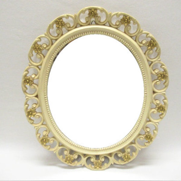 Vintage Syroco Beige & Gold Ornate Vanity Mirror, 1970s Oval Plastic Floral Flower Resin Hanging or Tabletop 16"x14"...mirror is good