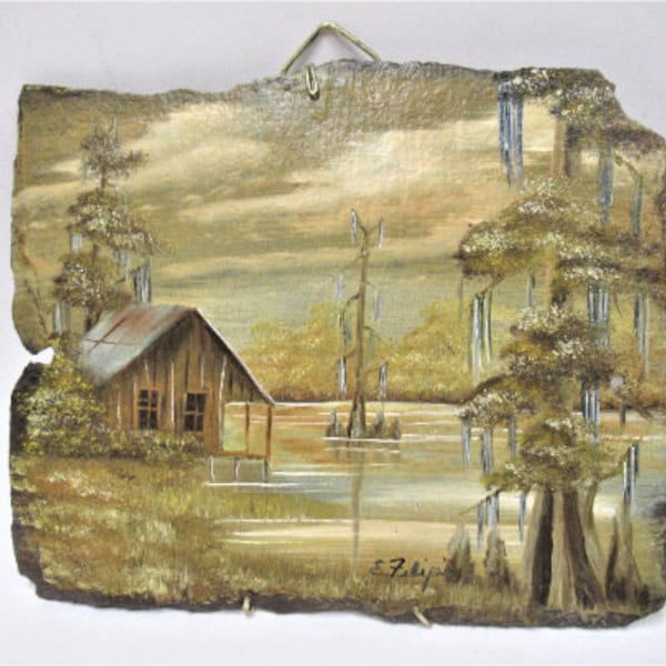 Vintage Lake Cabin Painted on Slate, Southern Scene with Hanging Moss, Wall Hanging Folk Art Oil in Browns & Gold, 8" x9"