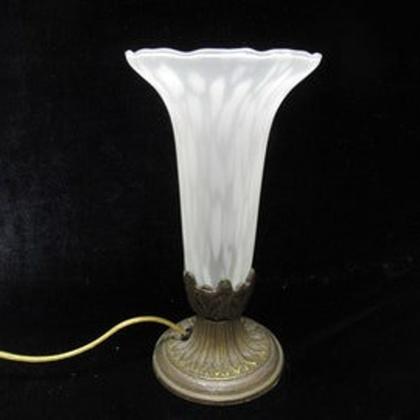 Vintage Nightstand Light Frosted "Lily" Glass Shade on Cast Metal Base, 1970s Made Taiwan by Andrea Sadek Desk Boudoir Light Lamp, 8" tall