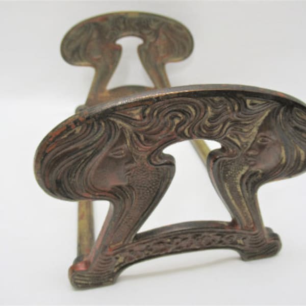 Antique Art Nouveau Iron Book Holder, Vintage Sliding Expanding Bookends 2 Facing Ladies w/Flowing Hair, JD 9759 Telescoping Rack, 8”-16”lg