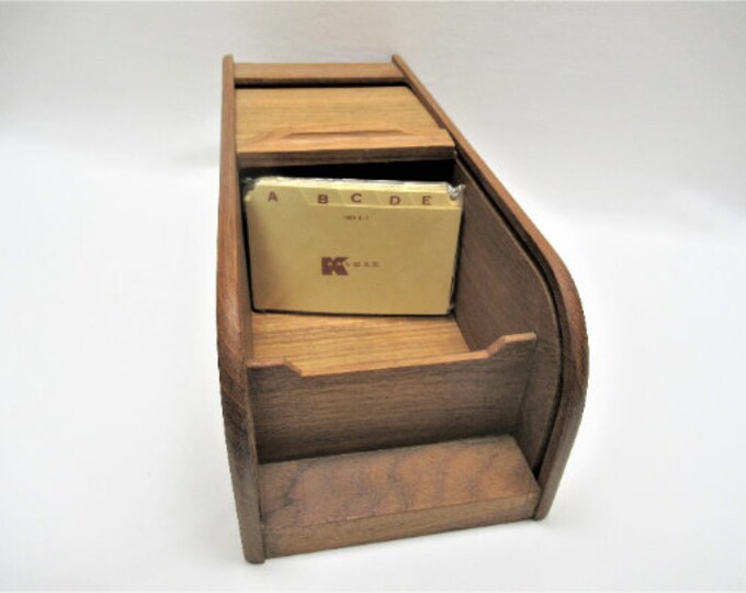 Vintage LONG Kalmar Teak Wood File Box, Made Thailand Roll Top Tambour