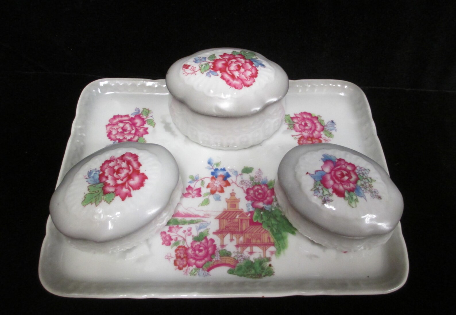 Vintage Porcelain Vanity Set Tray With 3 Trinket or Jewelry Etsy