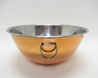 Vintage Copper and Stainless Steel Bowl with Brass Ring, Made in Korea, Hanging Mixing Bowl, 10" diameter,