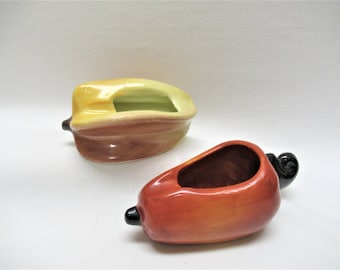 Vintage Ceramic Vegetable Ashtrays; Acorn Squash #238 & Hot Pepper #240, Small Hand Painted Yugoslavia, Signed, 2.5" tall, price for both