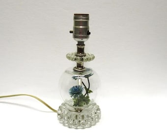 Vintage Clear Bubble Pressed Glass Lamp, Ornate Beaded Edges, Night Stand Boudoir Lamp...have 2 Price is for 1, Matching 9.5" tall