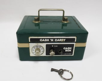 Vintage Cash n' Carry Cash Lock Box, 1960s-70s Made Japan Green Metal Money Stash Combination and Key, 6x5x3