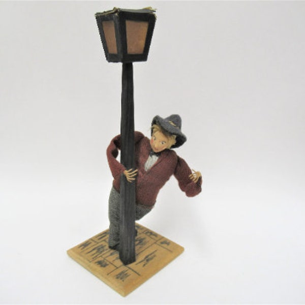 Vintage Hand Made Drunk Man on Light Pole, Very Detailed Hand Sewn with Composite Head and Wire Hands, RARE Figurine 8" tall