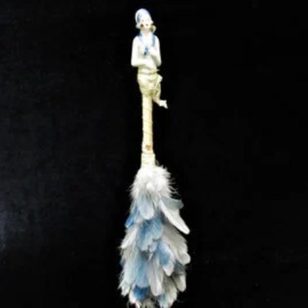 Antique Half Doll Blue Feather Duster, Vintage 1920s Porcelain Flapper Girl Made Japan, Hanging Vanity Brush Boudoir Art Deco Figurine, 12"