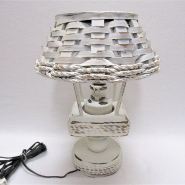 Vintage Nautical Theme Wooden Light, White Woven Basket Shade with Rope Accents, Beachy Coastal Table Lamp, Very Unusual & Unique, 14" tall