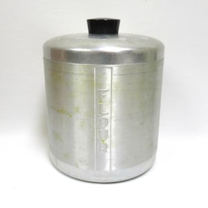 Vintage Brushed Aluminum FLOUR Canister with Flat Top Black Knobs, 1950s Midcentury Kitchen Replacement 9" tall