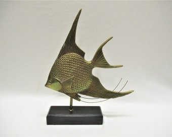 Vintage Brass Angel Fish Sculpture on Wooden Base, Solid Nautical Office Paperweight, Beachy Figure 12" tall
