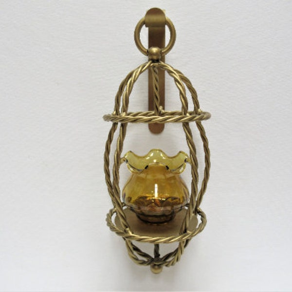 Vintage Twisted Metal Lantern Glass Candleholder, 1980s Home Interiors Gold or Brass Tone Rope Candle Holder, Hanging Wall Sconce, 13" tall