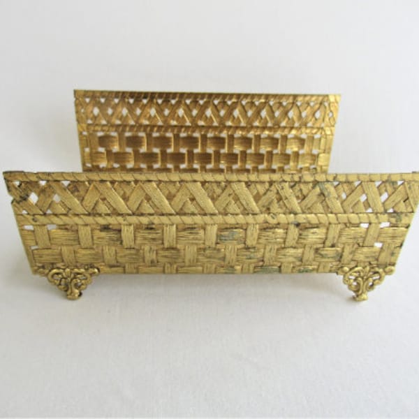 Vintage Stylebuilt Guest Towel Holder, Gold Tone Ormolu Metal in Basket Weave Pattern, Hollywood Regency Bathroom, 8"x5"x3"