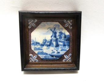 Vintage Dutch 18th Century Delft Framed Tile, Blue & Manganese Splatter, Windmill on Cliff with Swans, 6"x6"