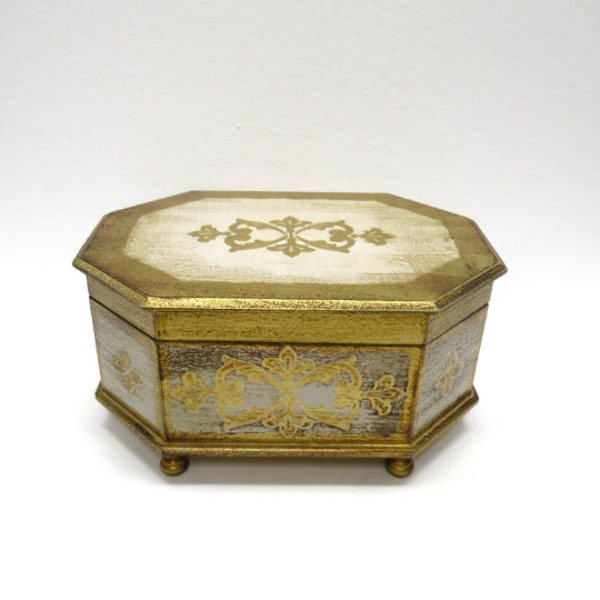 Vintage Florentine Jewelry Box, 1960s Lightly Carved & Distressed Wood Trinket Storage, Large Octagonal  Box, 10x7x5