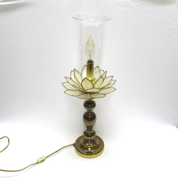 Vintage Capiz Shell Lotus Flower Lamp, 1970s Boudoir Candlestick Table Light, Heavy Brass w/ Clear Glass Hurricane Shade 20" tall