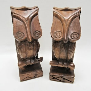 Vintage Wood Carved Owl Bookends, Hand Carved Book Holders Made in Philippines by Faith Woodcraft Wooden Carvings, 8" tall