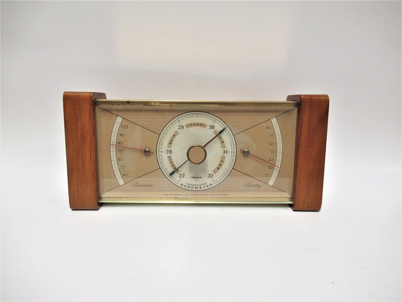 Vintage Swift Anderson Barometer Mcm Brass And Wood Weather Station Compensated Mid Century Desk Thermometer Humidity Boston 5 Tall