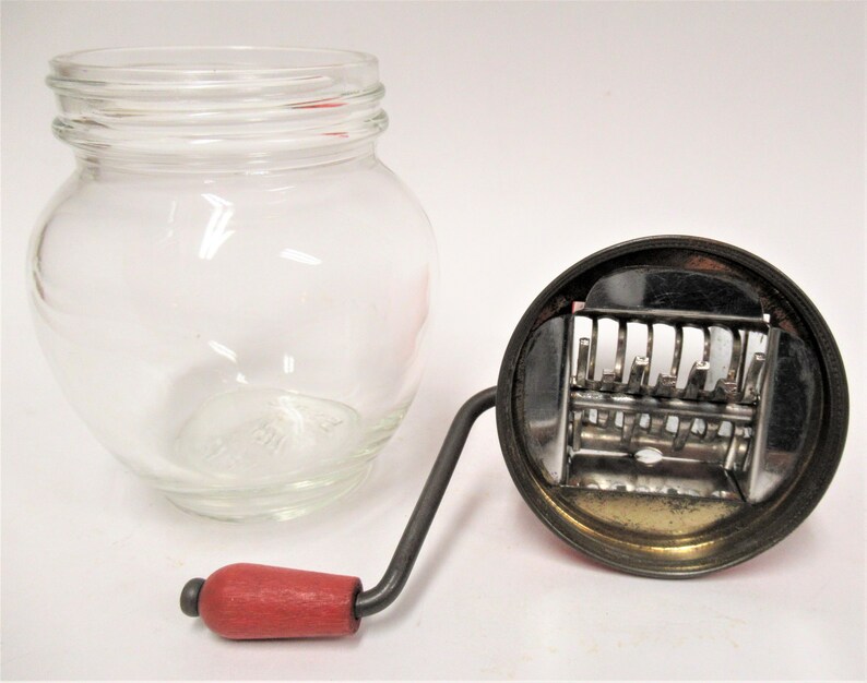 1950s Gadget Grinder with Wooden Knob Handle Red Tin Top Hazel Atlas Glass Nut Chopper # 5935 Vintage Orange