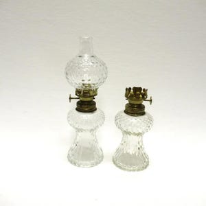 2 Vintage LE Smith Oil Lamps Clear Glass, Only 1 has a Chimney, Hobnail & Ribbed Antique Kerosene Lanterns...price for both 7.5&quot; tall