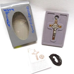 Vintage Germoglio Crucifix Pendant, Made in Italy Wood & Silver Plate, &quot;Jesus is Nailed to the Cross&quot;  Religious Jewelry Orig Box 3&quot; long