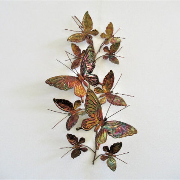 Vintage Homco Metal Butterfly Spray, Burnished Brass Wall Art, Pressed 3D Iridescent Butterflies in Flight Hanging Sculpture 21"