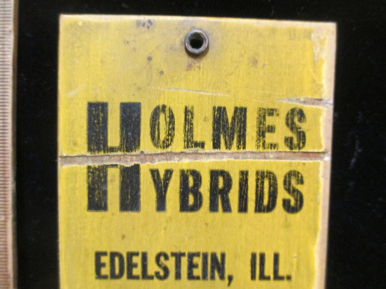 11.5 tall Vintage Holmes Hybrids Thermometer on Wood Illinois Seed Corn Advertising Farm Collectible Memorabilia