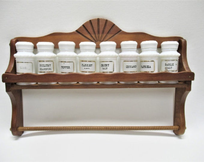Vintage Milk Glass Spice Jars in Wood Rack Set, Hanging Wooden Wall